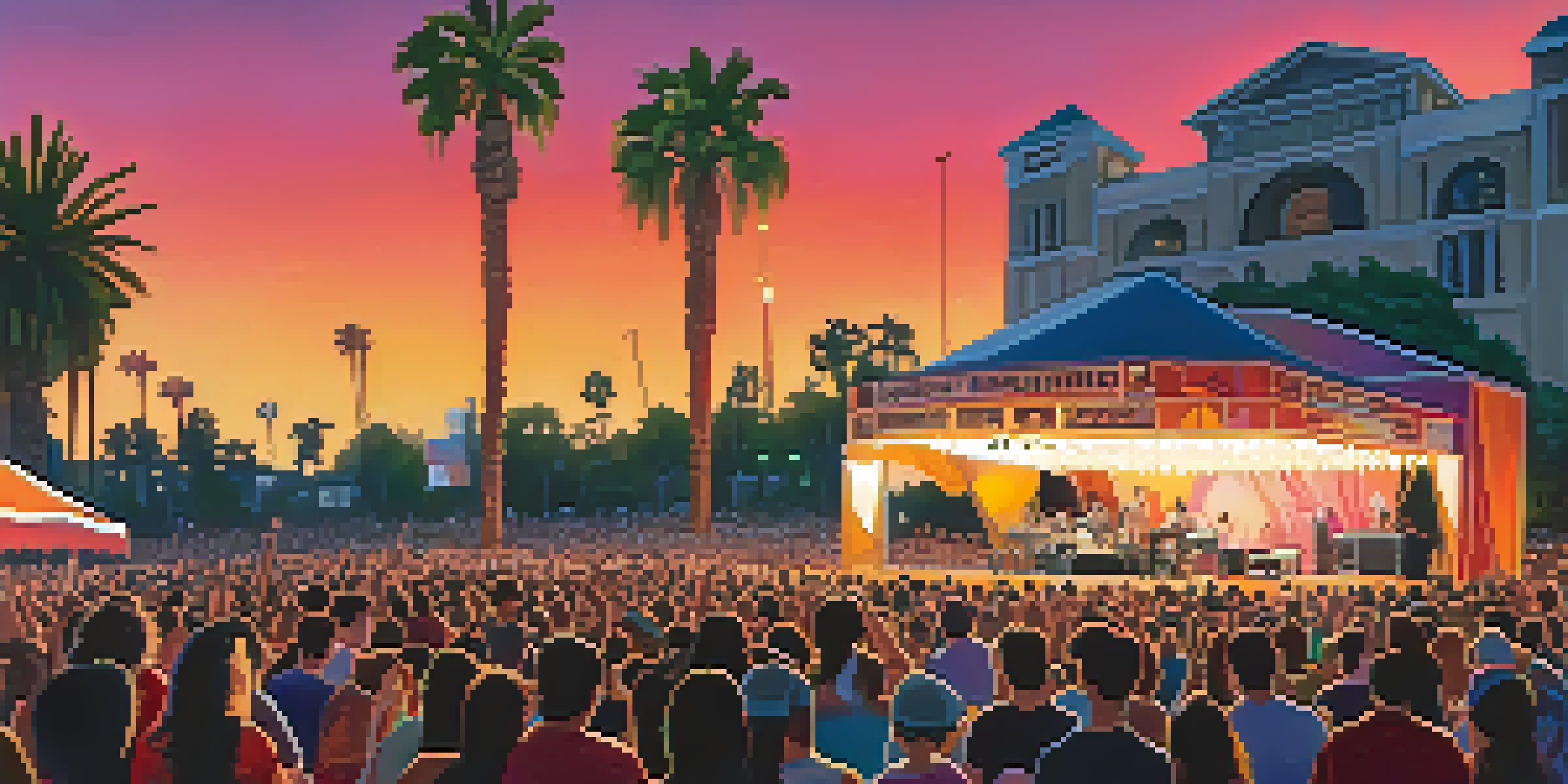 A lively outdoor concert in Pasadena at sunset, with musicians performing on stage and a diverse crowd enjoying the music.