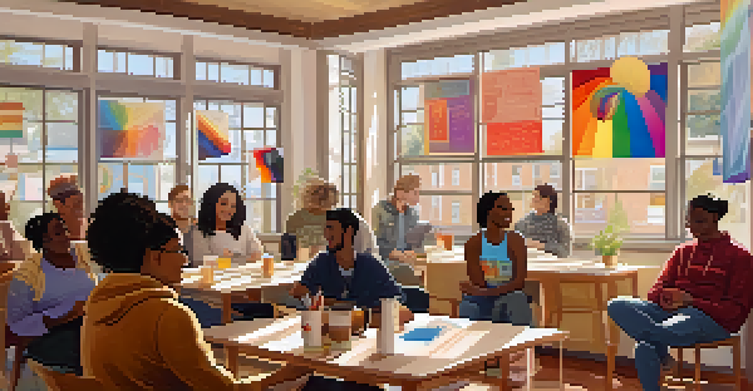 A diverse group of people participating in a workshop at an LGBTQ+ community center, surrounded by posters promoting inclusivity.