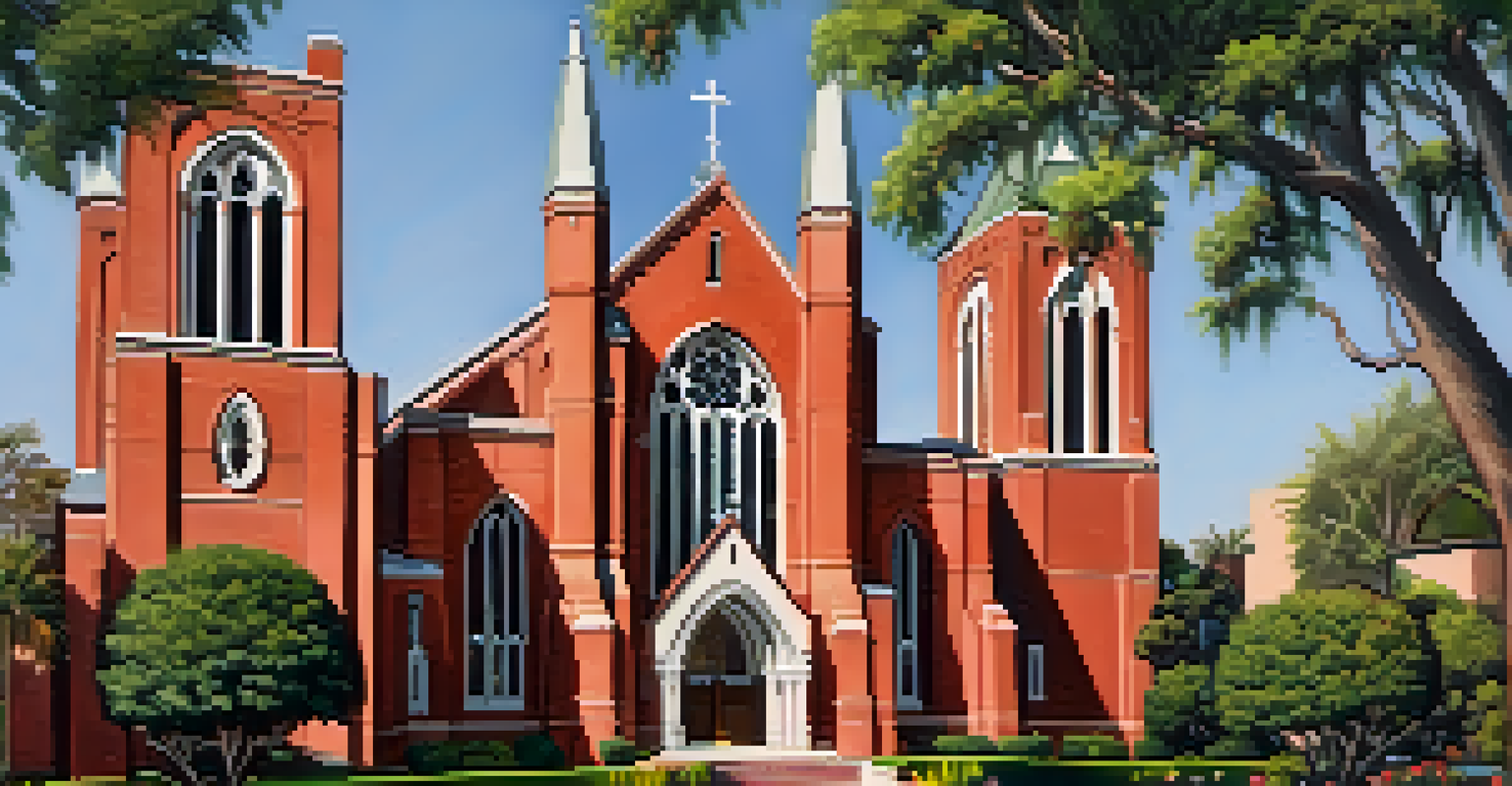Exterior view of Pasadena Presbyterian Church, highlighting its Romanesque and Gothic architectural elements and vibrant stained glass windows surrounded by gardens.