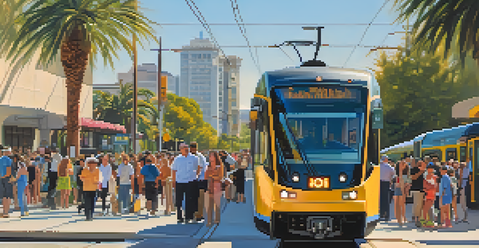 A busy Pasadena street with the Metro Gold Line light rail and people at a station, surrounded by colorful murals and palm trees under a blue sky.