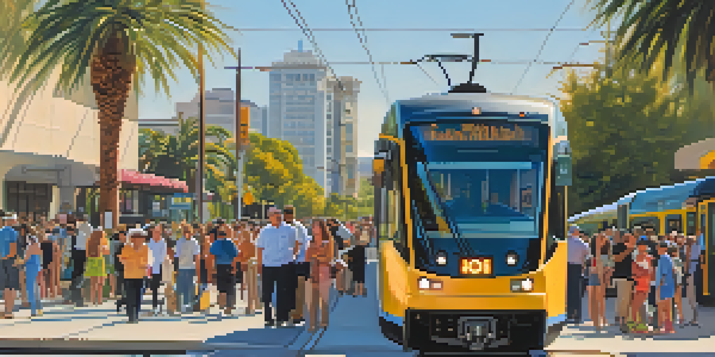 A busy Pasadena street with the Metro Gold Line light rail and people at a station, surrounded by colorful murals and palm trees under a blue sky.