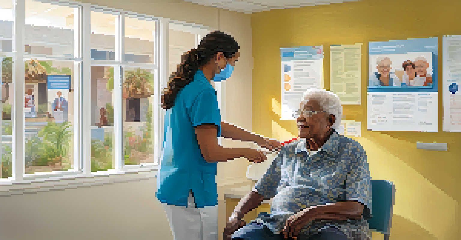 A young volunteer administering a vaccine to an elderly woman at a vaccination clinic, surrounded by informative posters about preventive care.