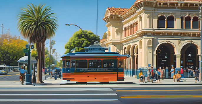 A busy street scene at Pasadena Station with people waiting for the light rail and a bus nearby, surrounded by flowers and trees.