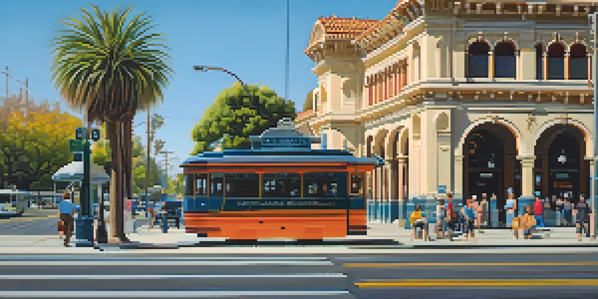 A busy street scene at Pasadena Station with people waiting for the light rail and a bus nearby, surrounded by flowers and trees.