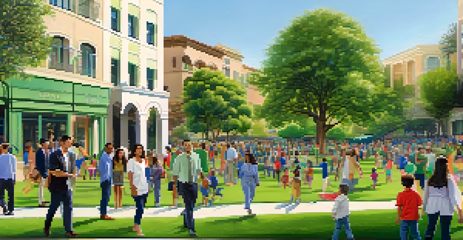 A chart showing demographic trends in Pasadena with families and young professionals in a park setting.
