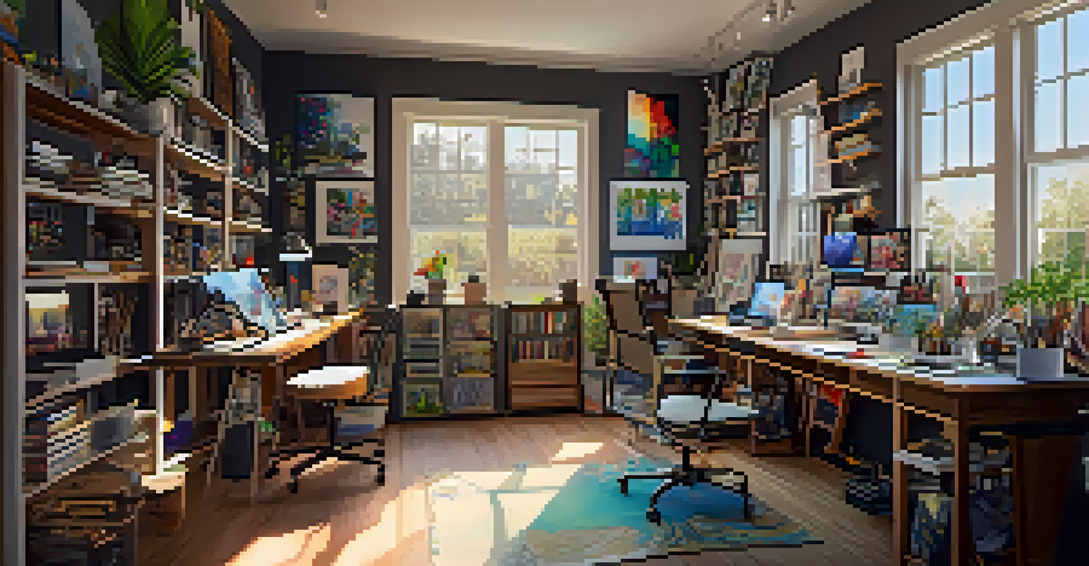 An artist's studio in Pasadena showcasing digital art tools, sketches, and vibrant canvases in a sunlit space.