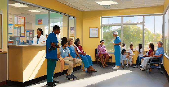 A community health clinic in Pasadena with diverse individuals receiving care, bright surroundings, and healthcare staff assisting patients.