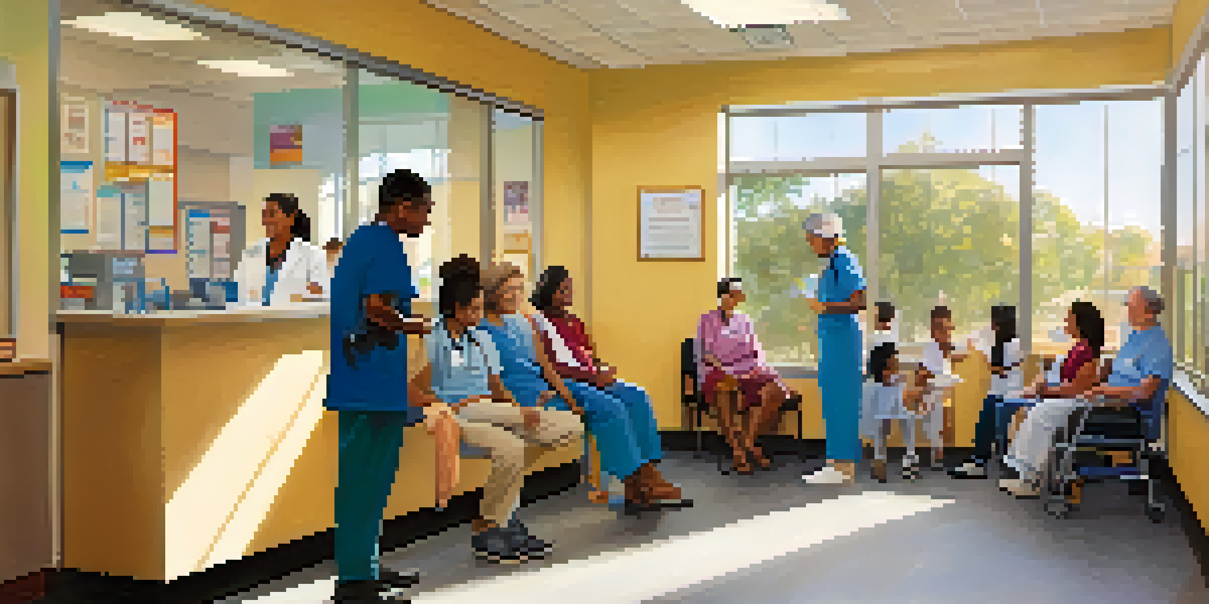 A community health clinic in Pasadena with diverse individuals receiving care, bright surroundings, and healthcare staff assisting patients.