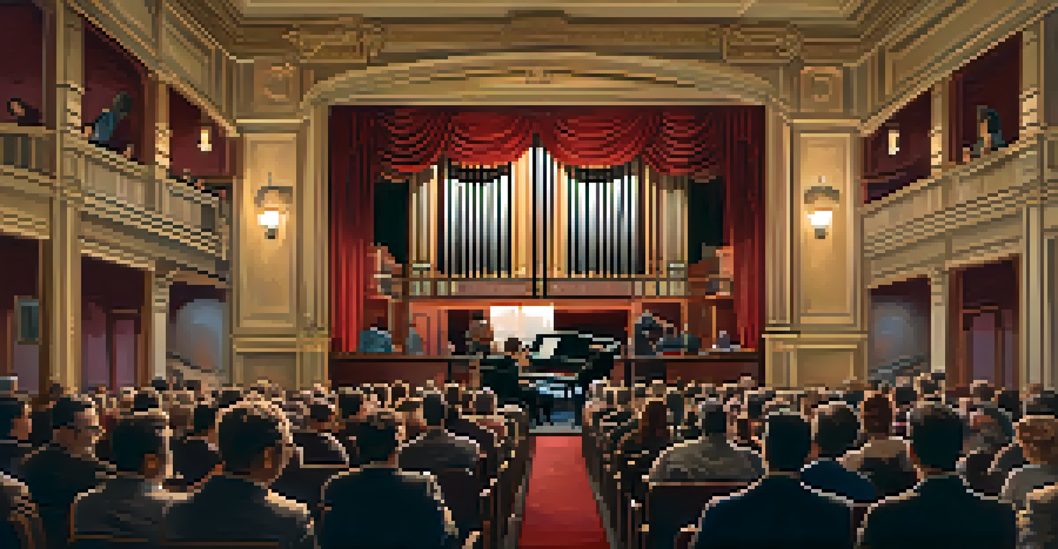 A cozy interior of the Old Town Music Hall, with vintage decor and a Wurlitzer organ, as an audience enjoys a silent film screening.