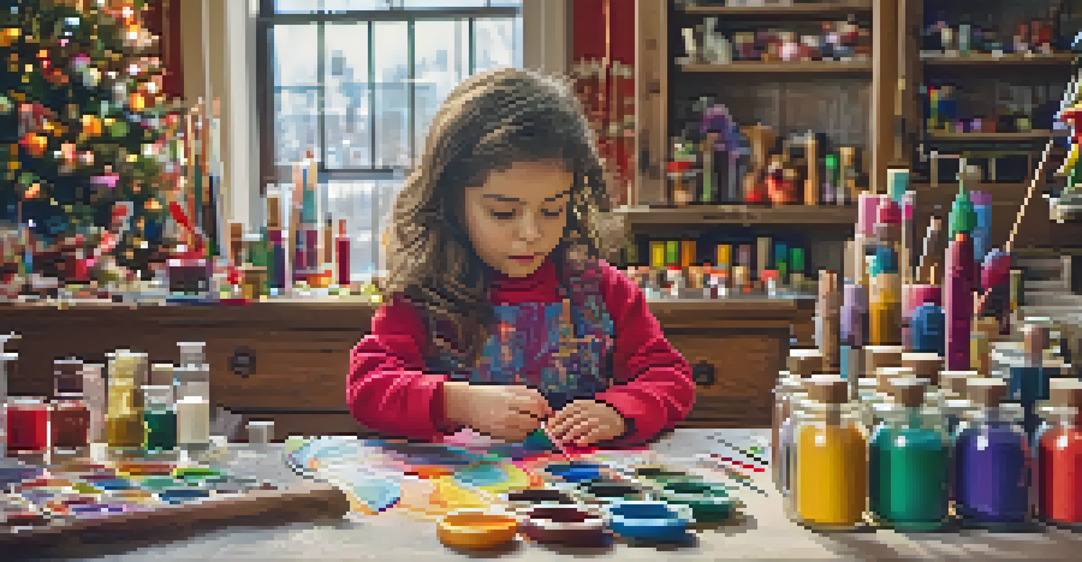 A child focused on making a holiday ornament in Santa's workshop, surrounded by colorful crafting supplies and other children.