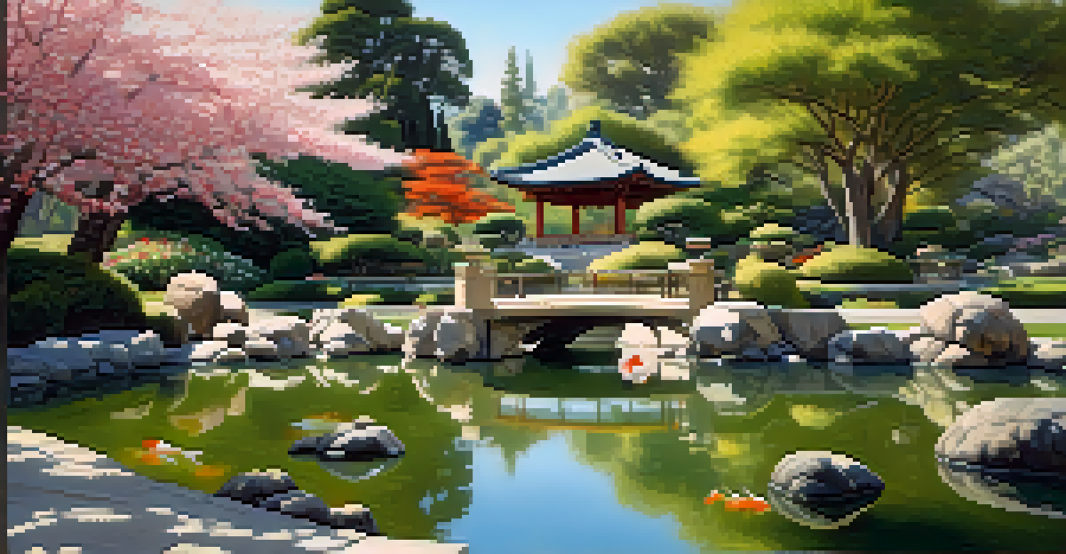 A picturesque view of the Japanese Garden at the Huntington Library, featuring cherry blossoms and a koi pond.