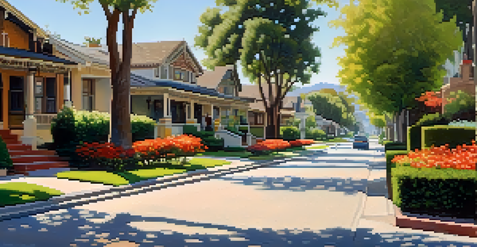 A group of tourists walking through Pasadena's Historic District, surrounded by blooming flowers and Craftsman-style bungalows under a sunny sky.