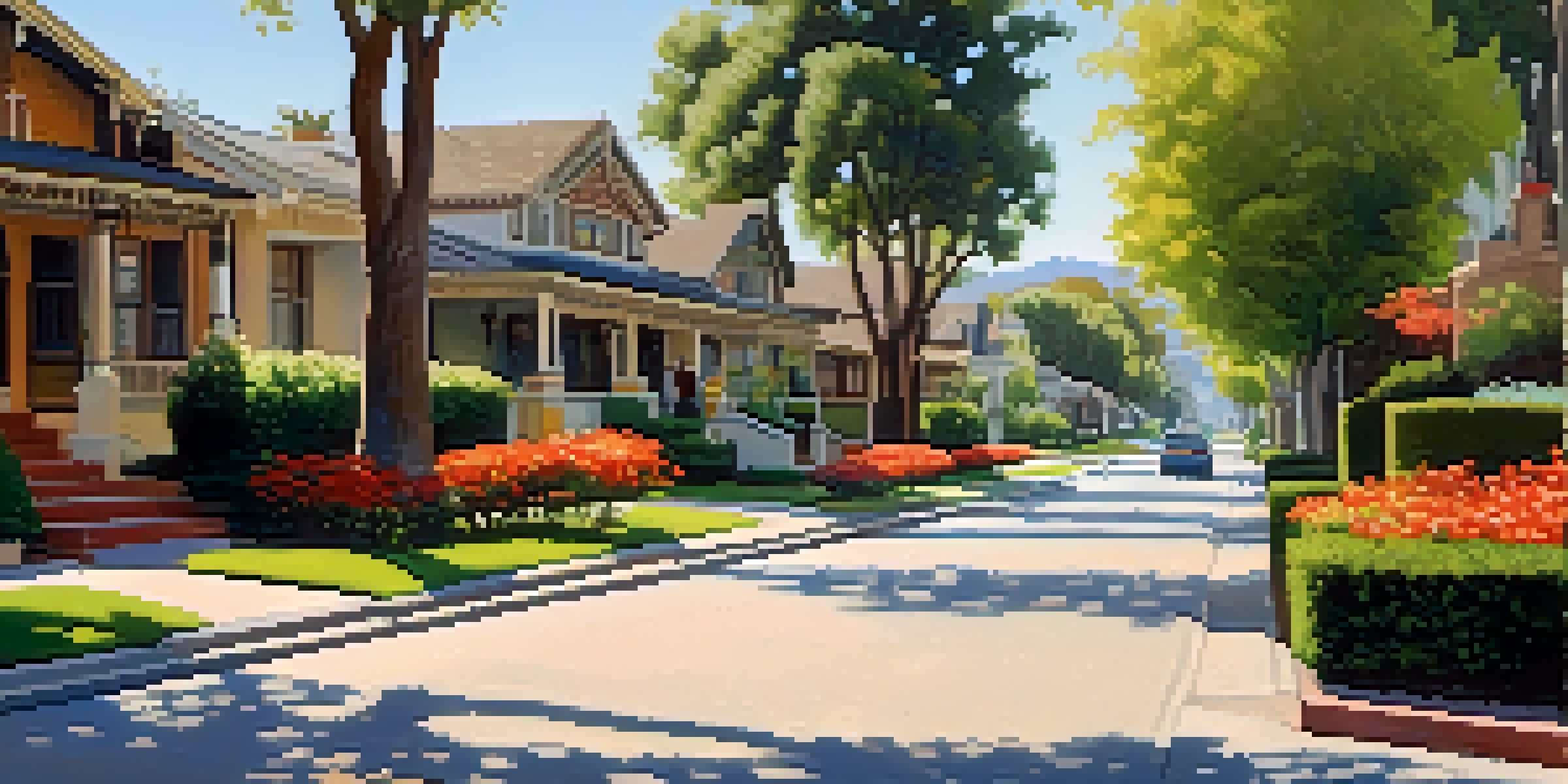 A group of tourists walking through Pasadena's Historic District, surrounded by blooming flowers and Craftsman-style bungalows under a sunny sky.