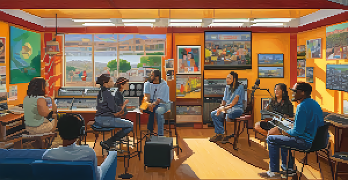 A community radio station with diverse volunteers discussing around microphones, decorated with local art and a view of a sunny street outside.