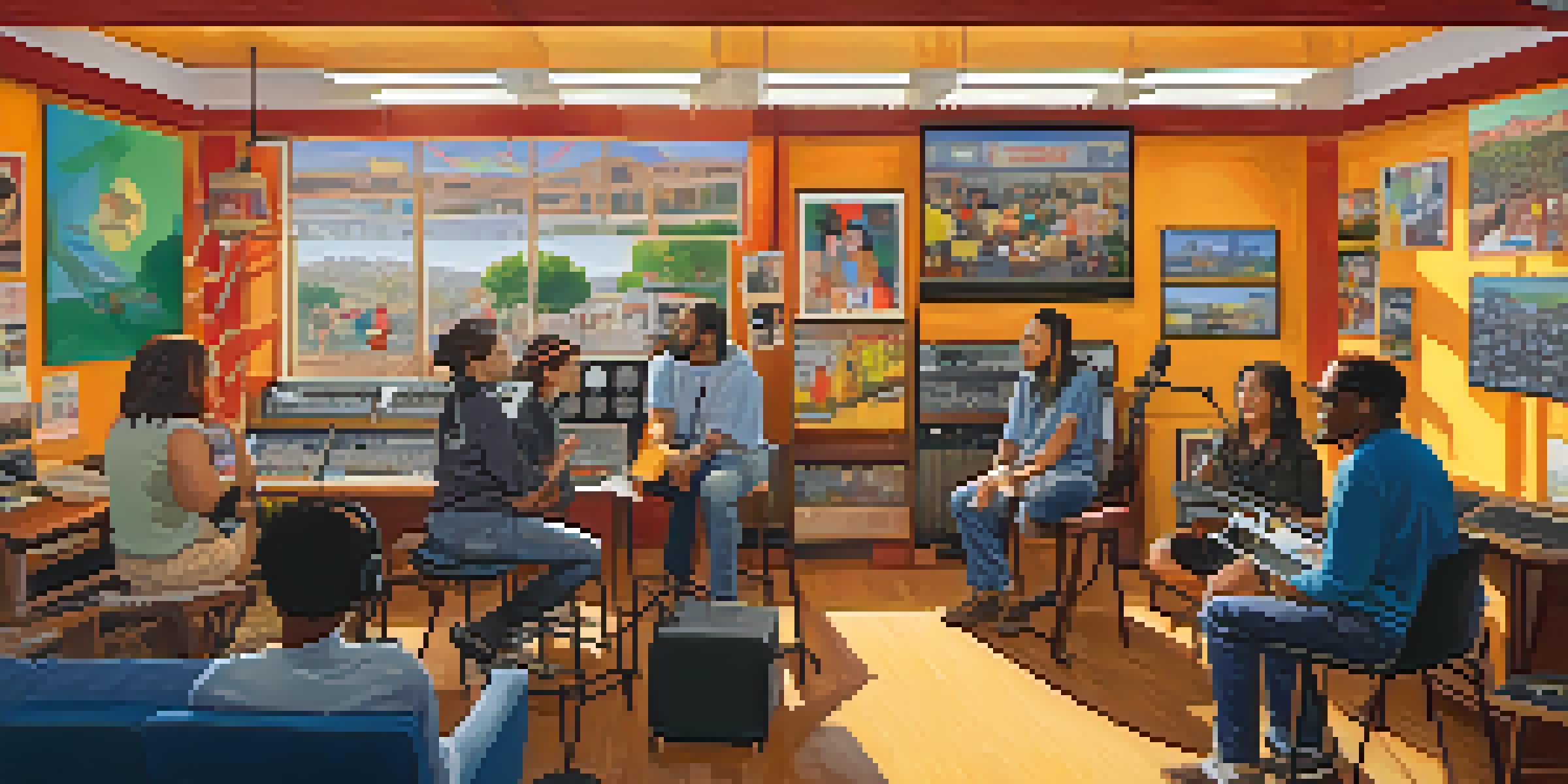 A community radio station with diverse volunteers discussing around microphones, decorated with local art and a view of a sunny street outside.