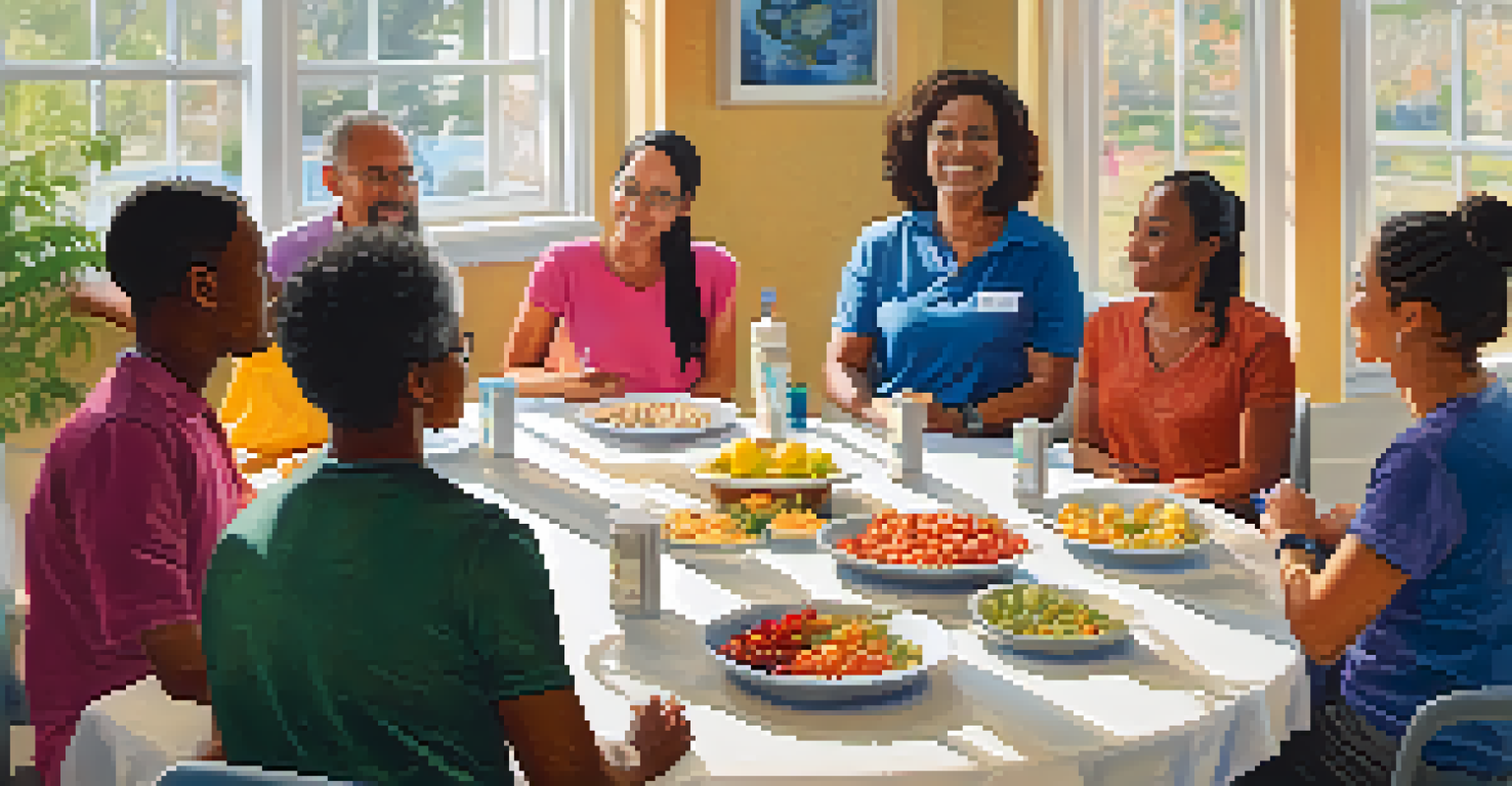 A public health workshop with a diverse group of participants listening to an instructor in a well-lit room, with healthy snacks on a table.