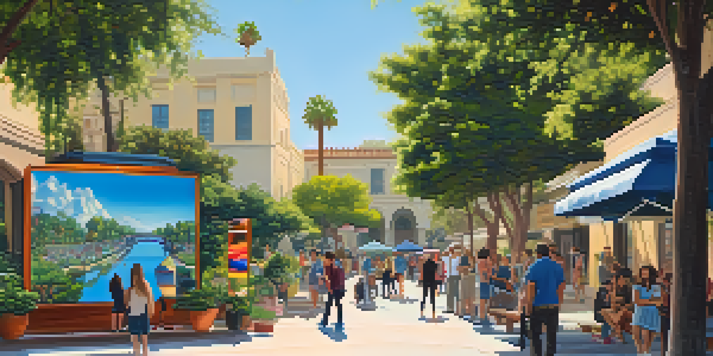 An outdoor gallery in Pasadena featuring interactive digital art installations with artists and visitors interacting, framed by greenery and historic buildings.