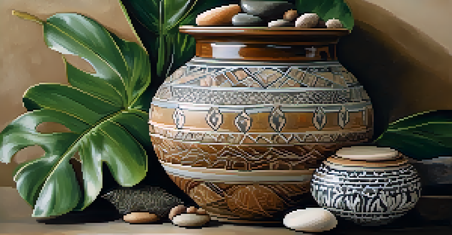 A close-up of a ceramic pot with intricate natural patterns and glossy glazes, surrounded by leaves and stones.