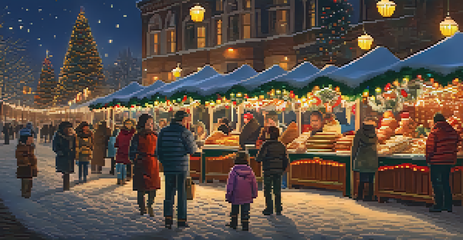 A family enjoying festive food at stalls decorated with lights, sharing warm treats and laughter.