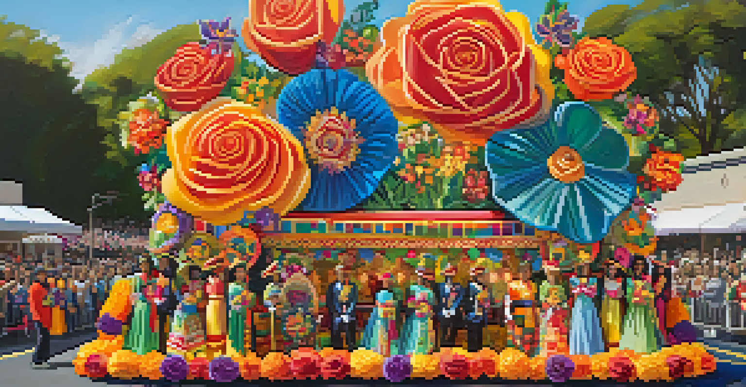 A Rose Parade float celebrating diversity with traditional symbols and colorful decorations, surrounded by joyful participants from various cultures.