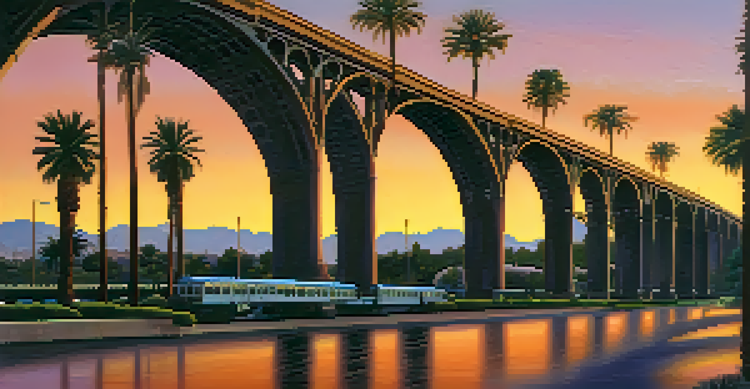 The Colorado Street Bridge illuminated by sunset, showcasing its arches over the Arroyo Seco with a colorful sky in the background.
