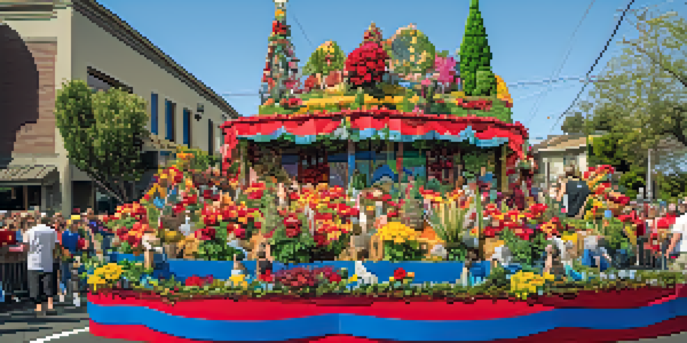 A colorful Rose Parade float made from recycled materials, decorated with living plants and illuminated by LED lights, with spectators in the background.