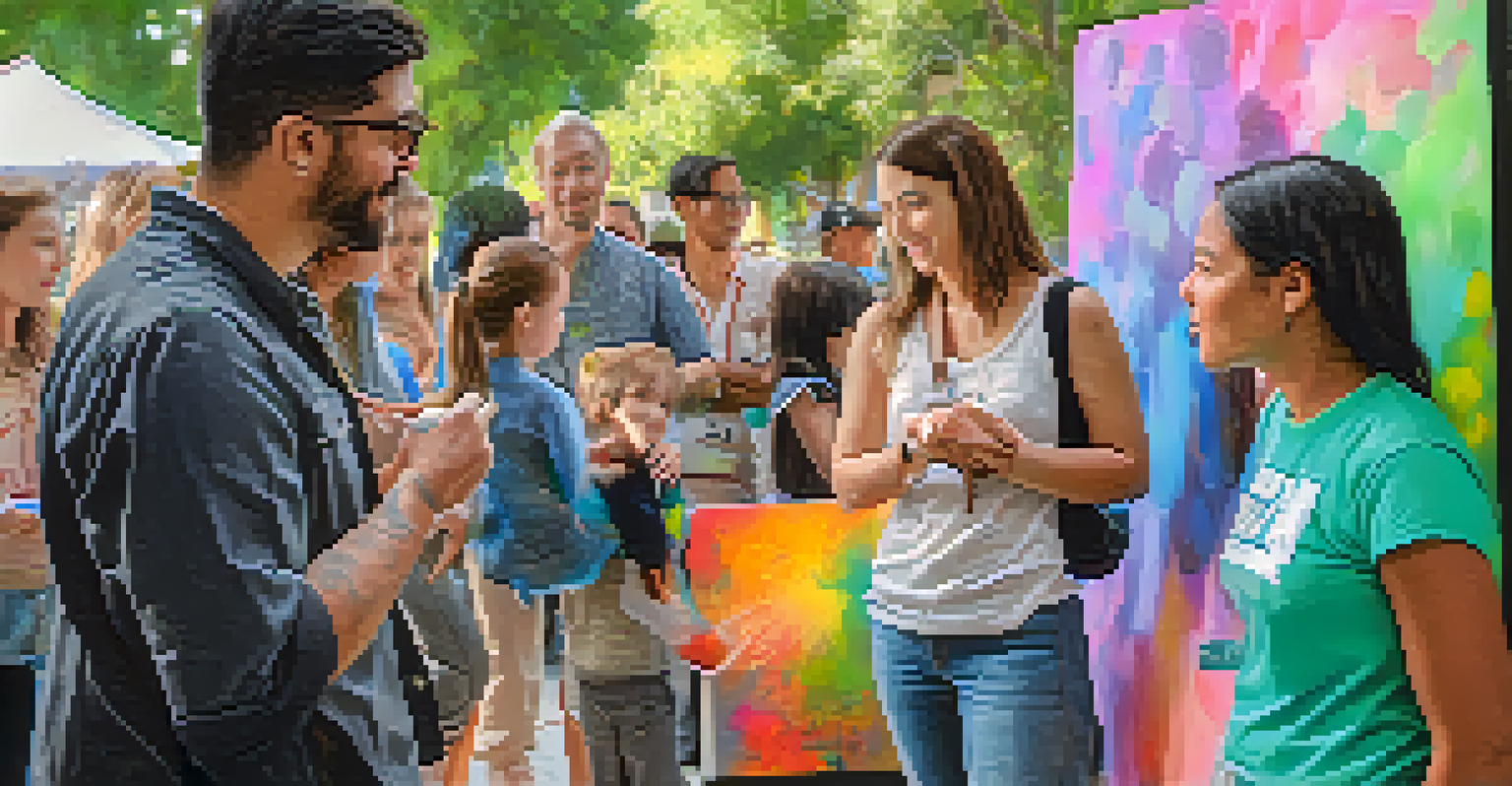 A local artist engaging with a diverse group of attendees, showcasing their colorful artwork at Pasadena's Art Walk.