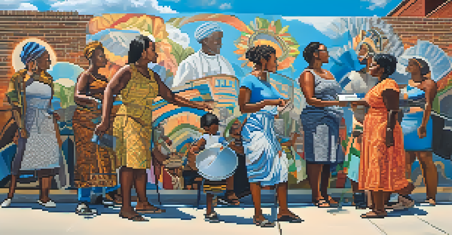 A local artist painting a vibrant mural representing African American heritage, with onlookers admiring her work.