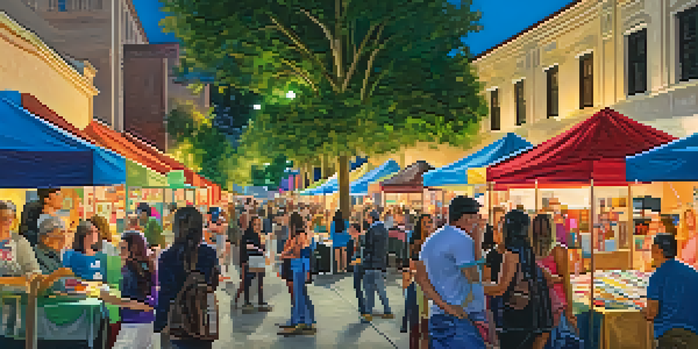 A lively street scene depicting local artists displaying their artwork during ArtNight Pasadena, with colorful pieces and engaged attendees under warm lights.