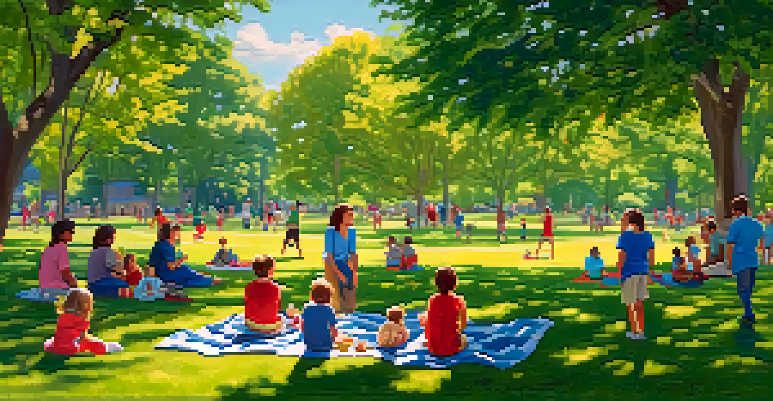 A family-friendly park scene with children playing soccer and families picnicking on a sunny day.