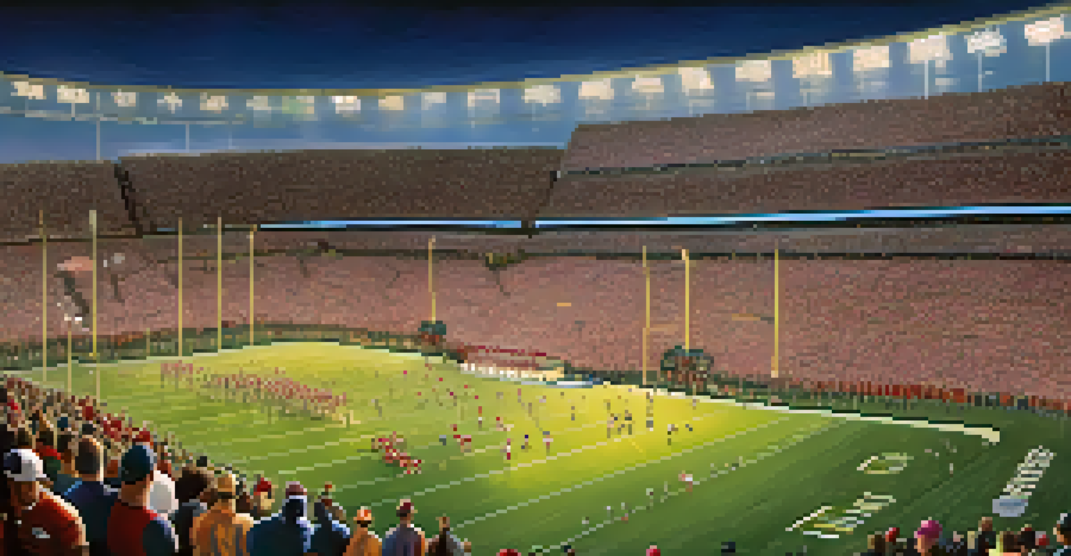 A panoramic view of a lively Rose Bowl football game, with a shadowy figure in vintage jersey subtly visible in the crowd.