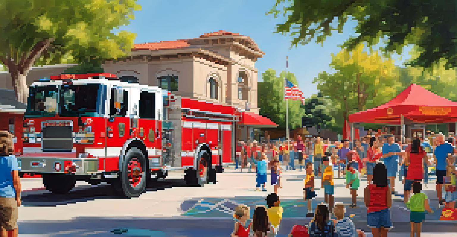 Community event at a Pasadena fire station, featuring firefighters engaging with families and colorful banners.