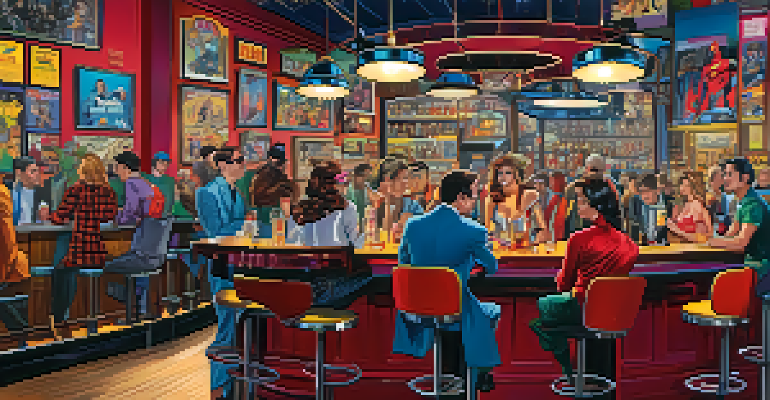 A lively comic-themed bar with colorful art and patrons enjoying themed cocktails.