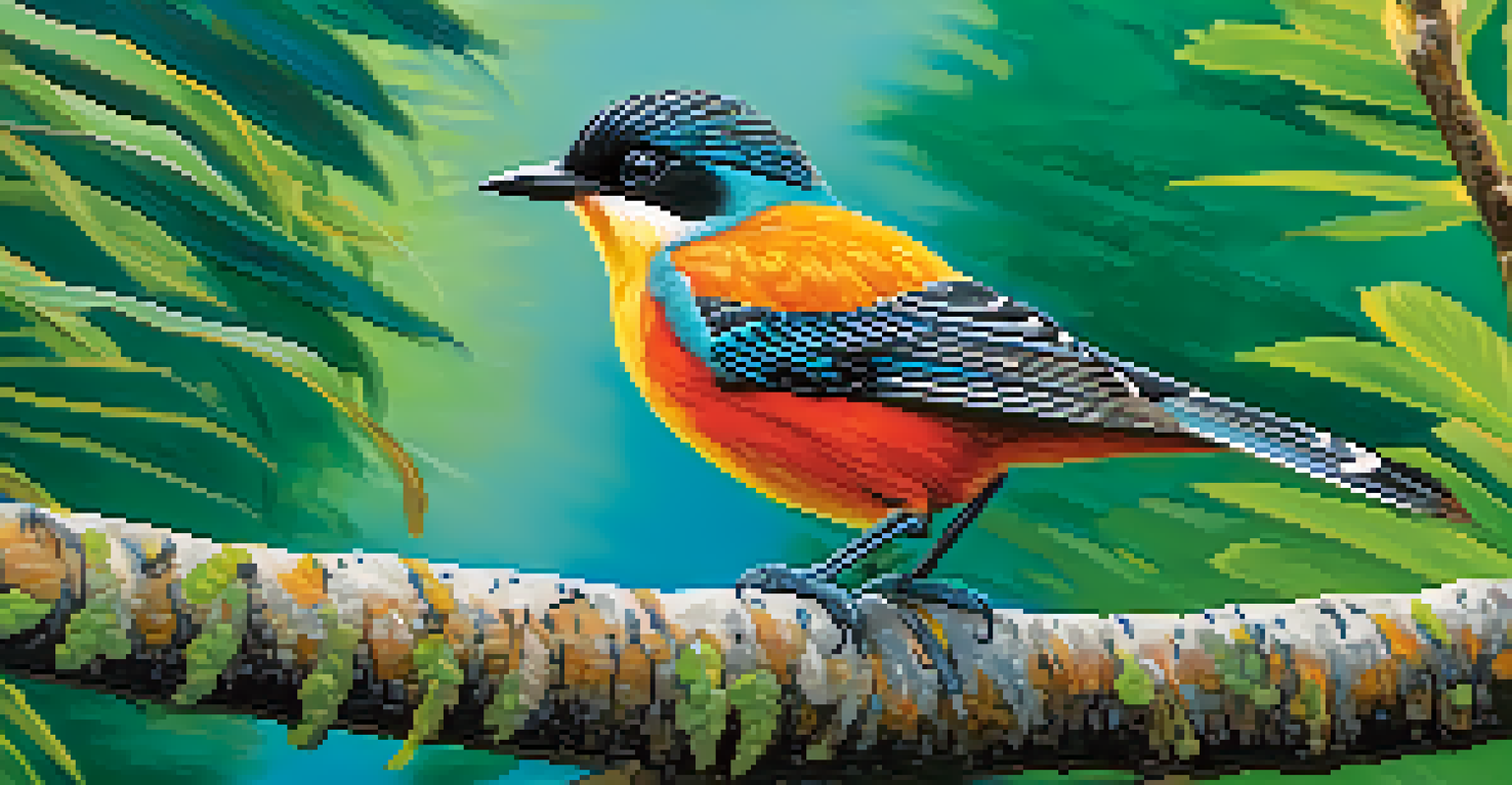 A close-up of a colorful native bird perched on a branch, surrounded by blurred lush vegetation and clear water in Hahamongna Watershed Park.