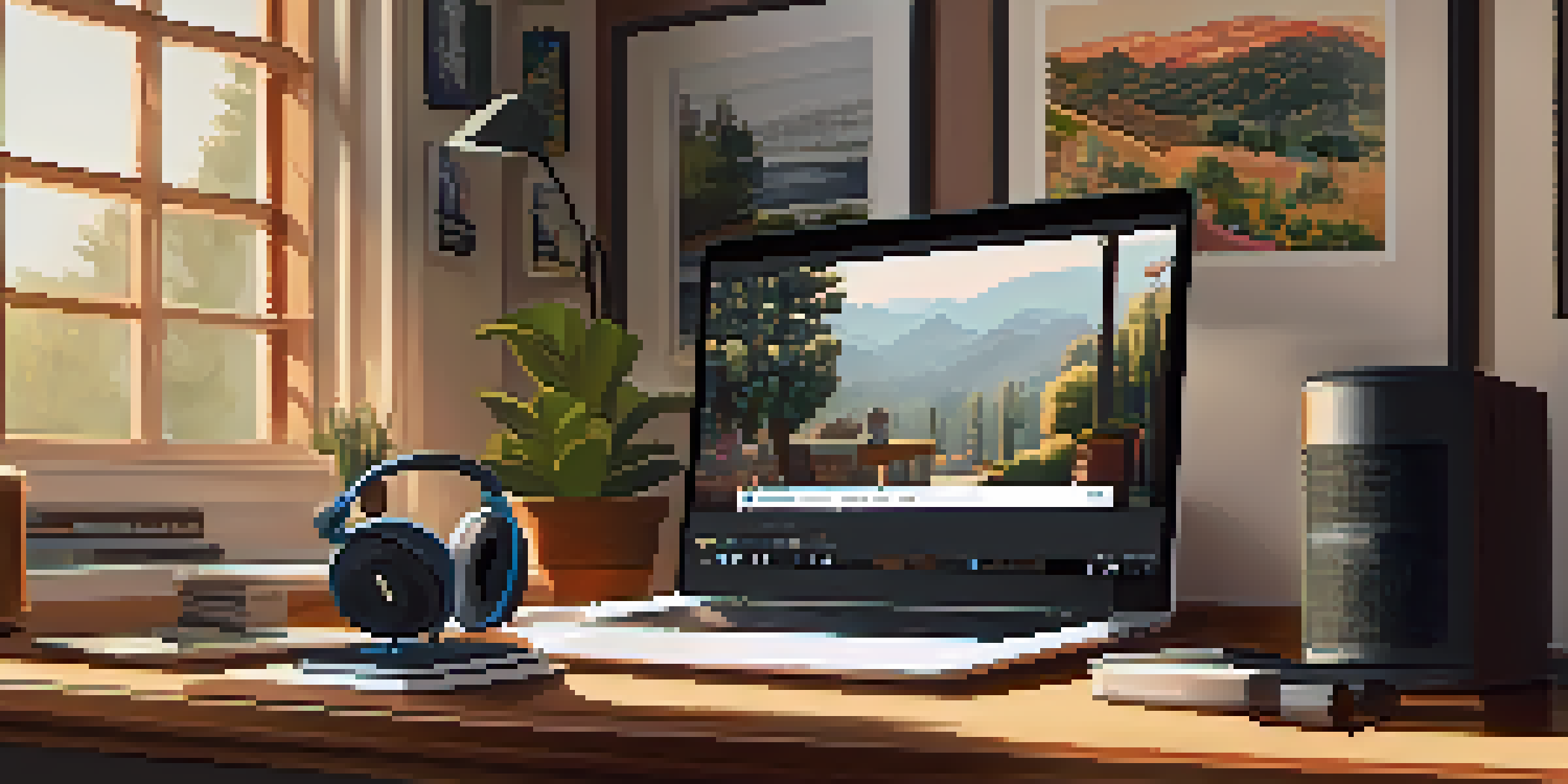A cozy podcasting space with a microphone, headphones, and a laptop, illuminated by natural light.