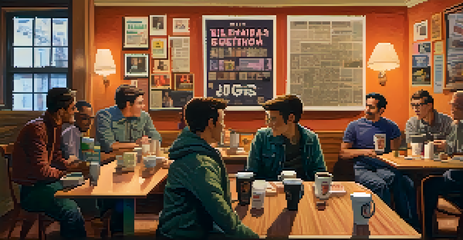 A group of LGBTQ+ activists in a cozy room, engaged in discussion with posters on the walls and materials on the table.