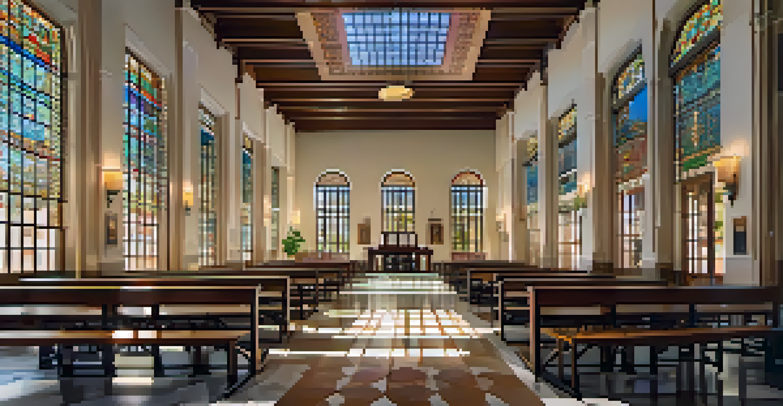 Pasadena Central Library showcasing Spanish Colonial Revival architecture with stained glass windows and warm sunlight reflections.