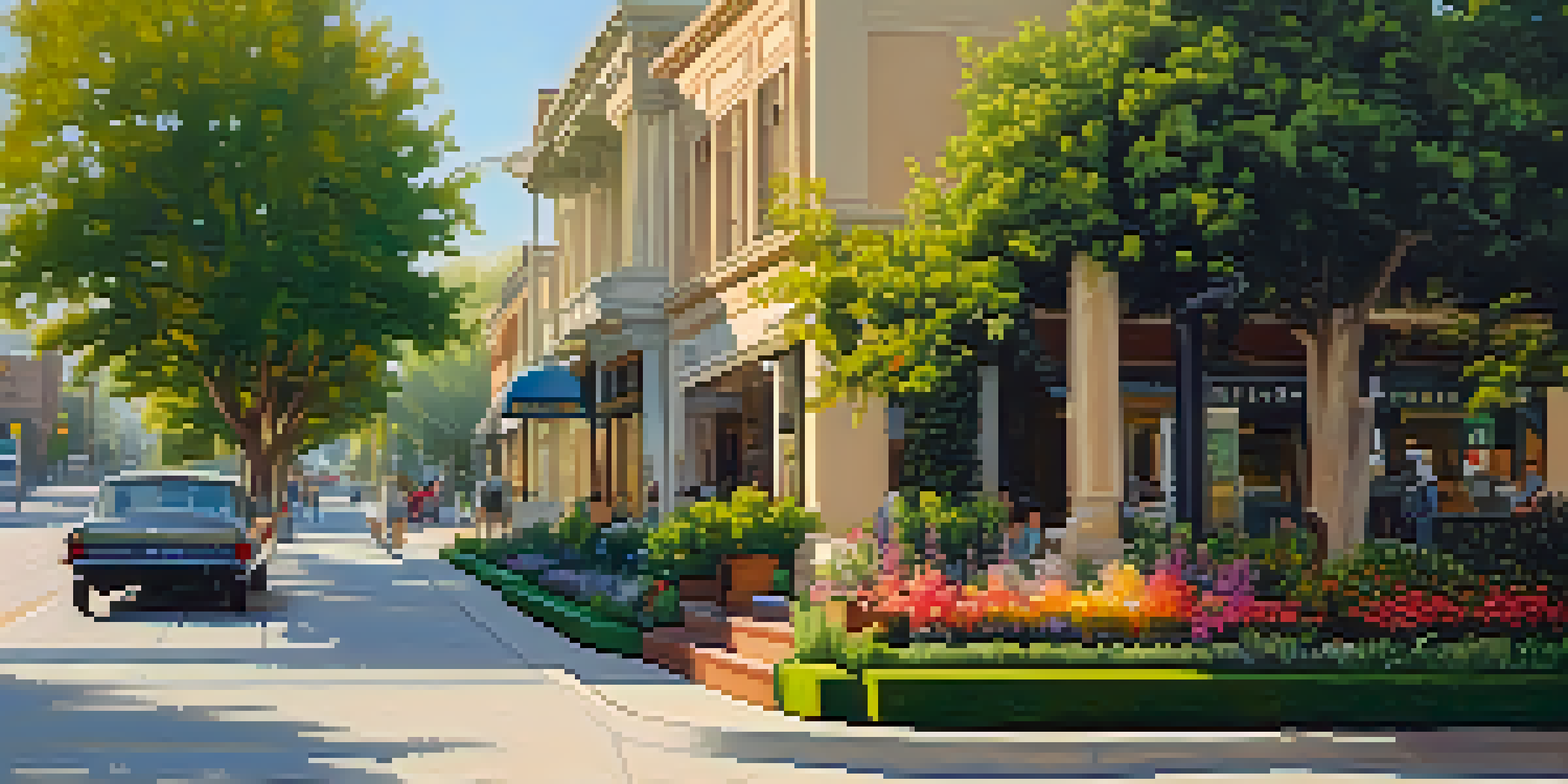 A scenic street in Pasadena with a mix of historical and modern buildings, bathed in morning sunlight and surrounded by greenery and flowers.