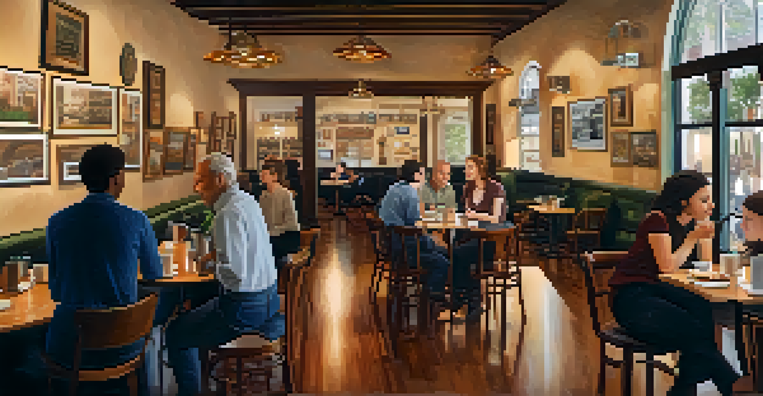 A cozy café in Pasadena with people conversing, historical photos on the walls, and a warm atmosphere.