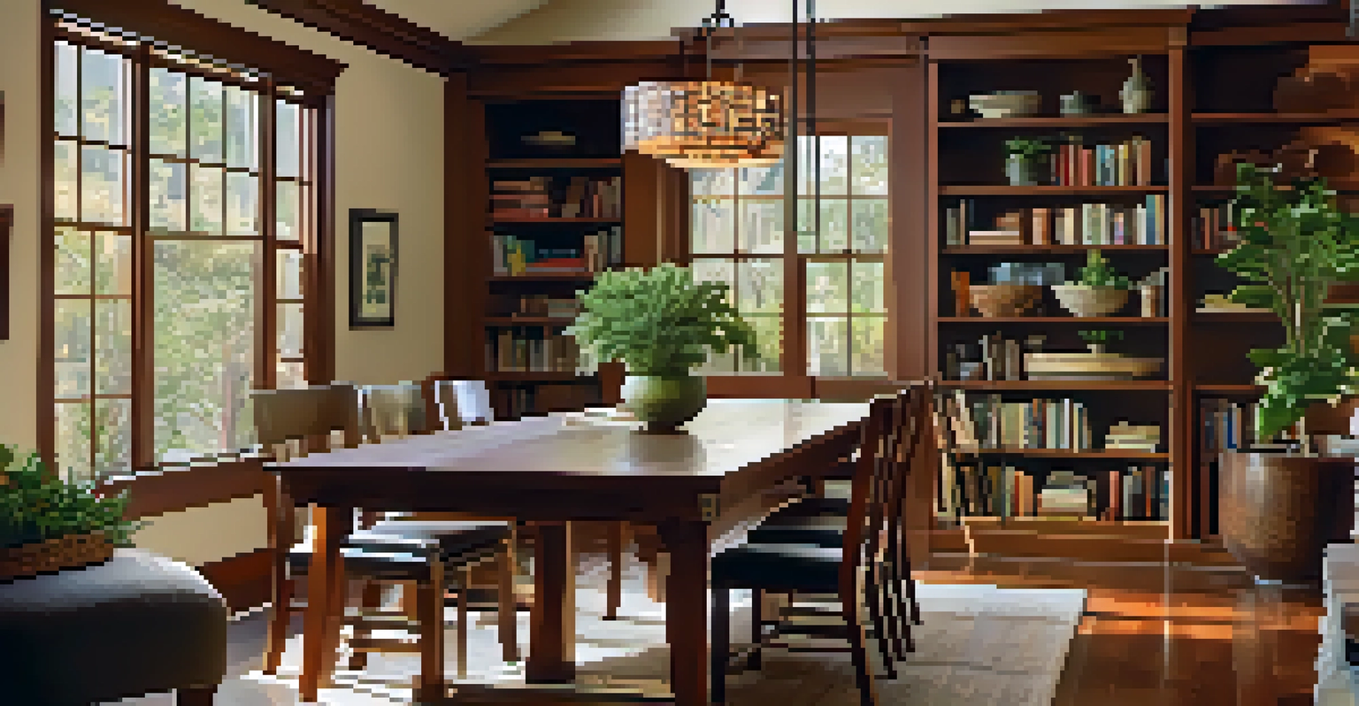 The interior of a Craftsman home showcasing built-in bookcases and a wooden dining table, illuminated by natural light and decorated with plants.