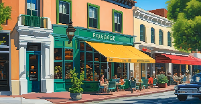 A bustling street in Old Town Pasadena with vintage shops and cafés, surrounded by green trees and people walking.