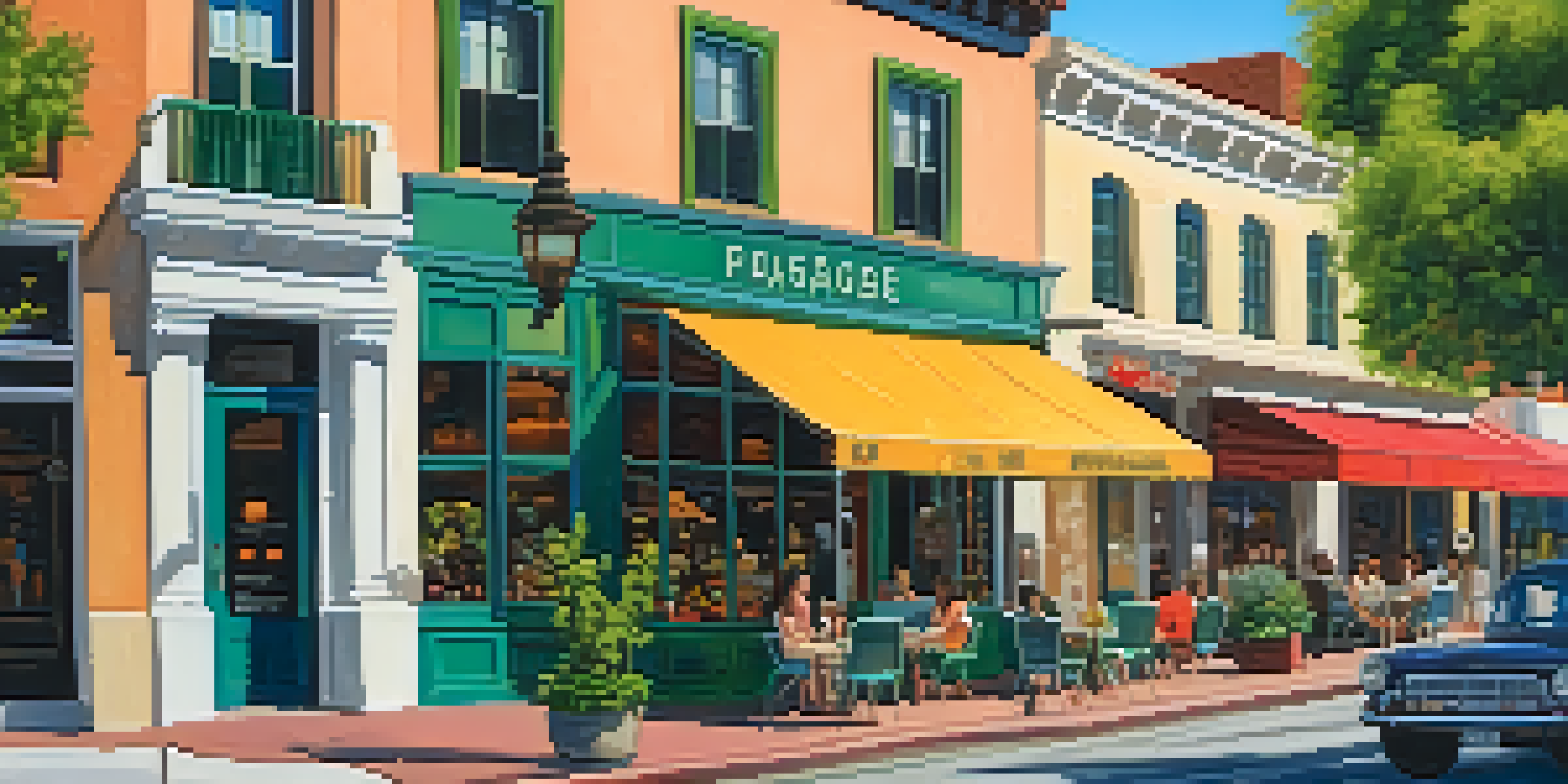 A bustling street in Old Town Pasadena with vintage shops and cafés, surrounded by green trees and people walking.