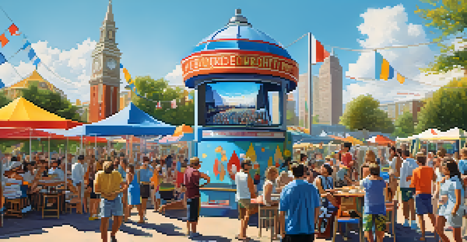An outdoor community event with a radio booth, local DJs, and a crowd enjoying music under a blue sky with food stalls in the background.