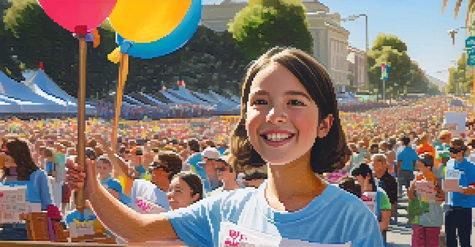 Young volunteer smiling and guiding attendees at the Rose Parade with colorful floats in the background.
