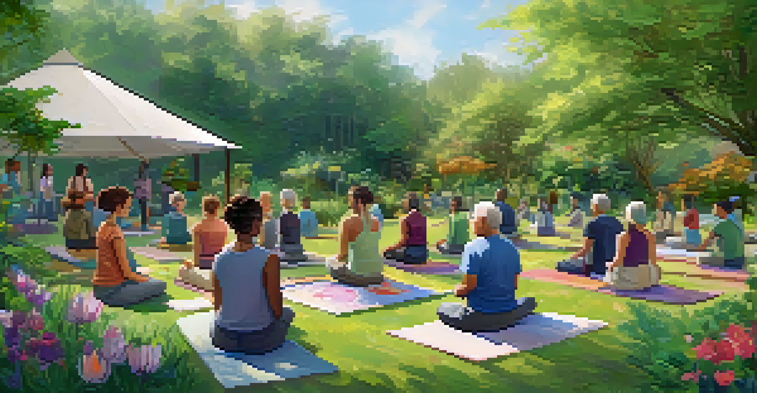 A diverse group of participants engaged in mindfulness exercises in a lush garden during an outdoor holistic health workshop.