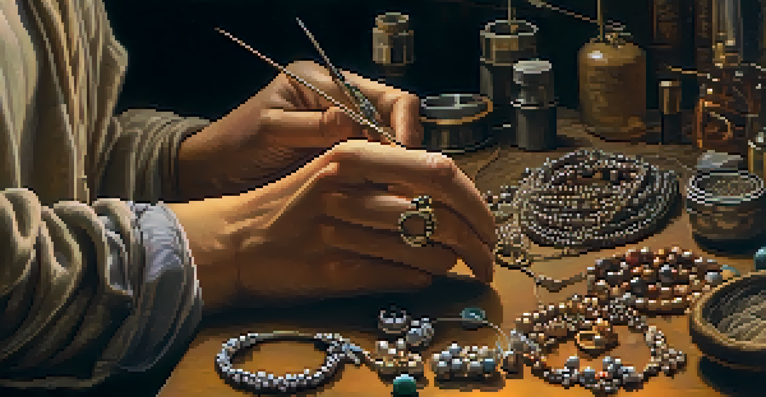An artisan's hands delicately crafting jewelry, surrounded by colorful beads and tools, with soft lighting highlighting the details.