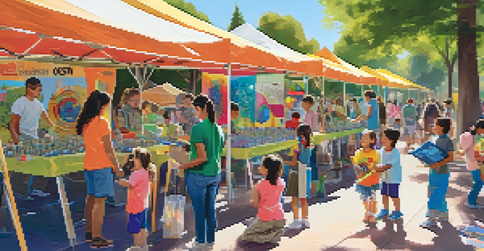 A lively outdoor science festival in Pasadena with families participating in STEM activities, colorful booths, and sunlight filtering through trees.