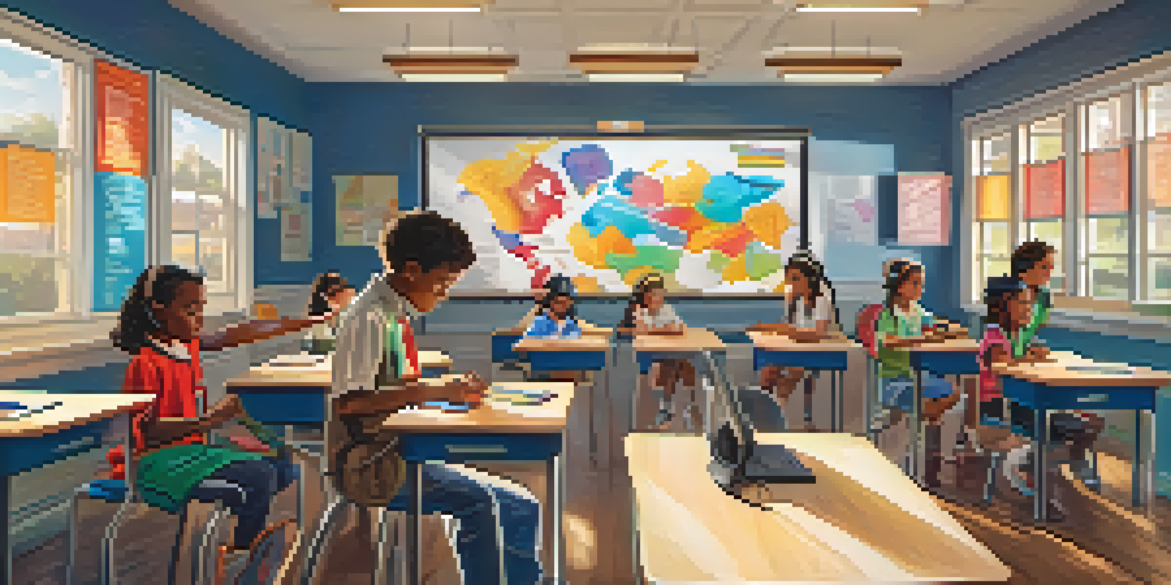 A classroom with students using virtual reality headsets, displaying diverse backgrounds and a bright, engaging environment.