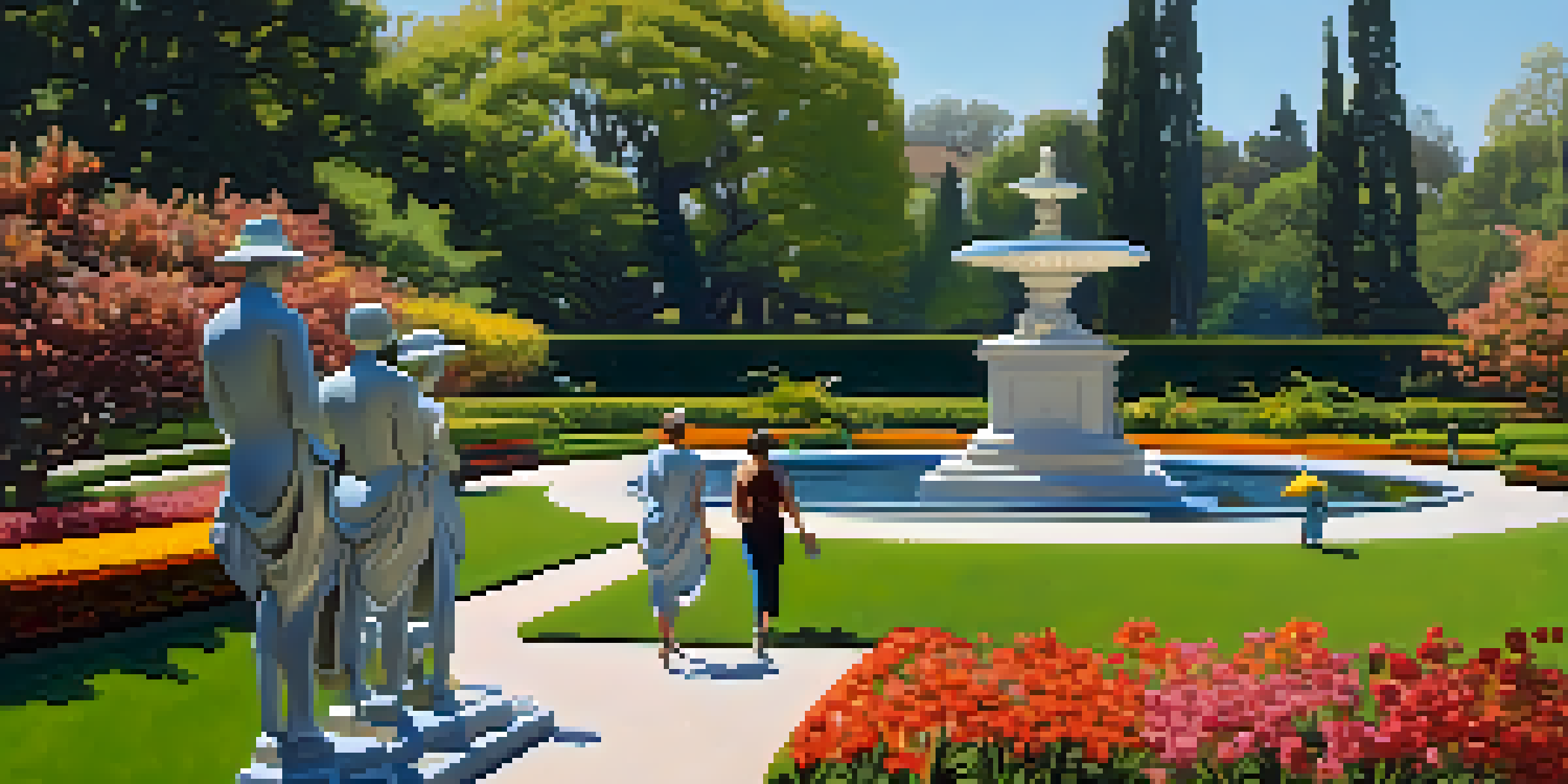 A peaceful garden at the Norton Simon Museum with colorful flowers and sculptures, showcasing visitors enjoying the scenery.