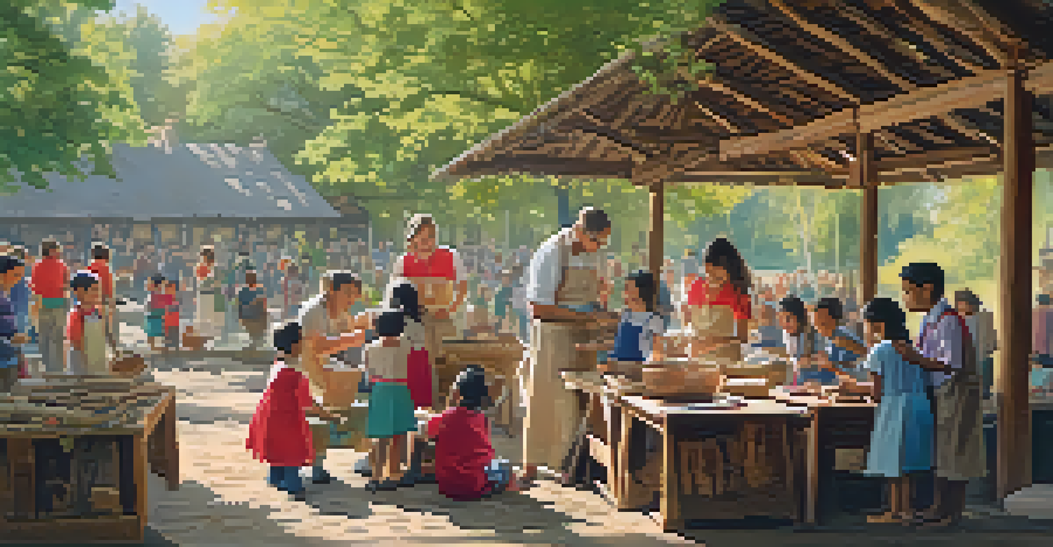 A local craftsman teaches children how to create traditional crafts at a heritage festival, surrounded by colorful materials and eager participants.